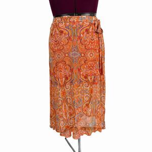 Harlow & Rose Midi Skirt XL Orange Paisley Mesh Faux Wrap Elastic Waist Lined
